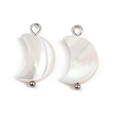 Нержавеющая Сталь Цвет Подвески из натуральных ракушек в форме луны, с 304 петлями из нержавеющей стали, цвет морской раковины, цвет нержавеющей стали, 19~20x10~10.5x2.5~3 мм, отверстие : 2~2.5 мм