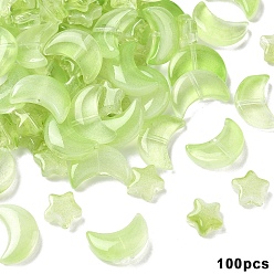 Зелено-Желтый 100 шт. 2 стили прозрачные стеклянные бусины, окрашенные распылением, звезда и луна, с блеском порошок, зеленый желтый, 8~14x8~9.5x4~5 мм, отверстие : 1 мм, 50 шт / стиль