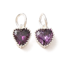 Purple Brass Micro Pave Cubic Zirconia Pendants, Heart Charms, Rack Plating, Long-Lasting Plated, with Jump Ring, Purple, 9x7x3.5mm