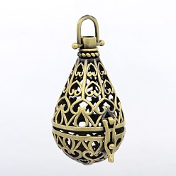 Antique Bronze Brass Cage Pendants, For Chime Ball Pendant Necklaces Making Making, Lead Free & Cadmium Free & Nickel Free, teardrop, Antique Bronze, 48x24mm, Hole: 5x5mm, inner diameter: 20mm