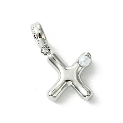 Letter X Покрытие стойки латунь с АБС-пластиком жемчуг европейские подвески, Подвески с большими отверстиями, долговечный, без свинца и без кадмия, платина, Письмо X, 25 мм длиной, отверстие : 5 мм, Кулон : 17x12x5 мм