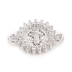 Платина Латунные соединители звеньев микропаве, прозрачные кубические циркония, долговечный, для религии, плоские круглые с Девой Марией, прозрачные, платина, 10x14x2 мм, отверстие : 1.2 мм