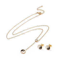 Золотой Фэн-шуй 304 комплекты украшений из нержавеющей стали, ожерелья и серьги, с стразами и эмалью, Инь-Ян, золотые, 16.93 дюйм (43 см), 10x2 мм, штифты : 0.8 мм