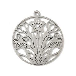 Нержавеющая Сталь Цвет 304 подвески из нержавеющей стали, плоская круглая с подвеской в виде цветка, лазерная резка, анти-тускнение, цвет нержавеющей стали, 33x30x1.5 мм, отверстие : 2 мм