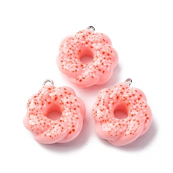 Pink Непрозрачные подвески смолы, пончики, с платиново-железными петлями, розовые, 25x20x9 мм, отверстие : 2 мм