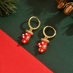 Красный Серьги-кольца из латуни с эмалью «снежинка с рождественскими перчатками», с кубического циркония, золотые, красные, 30x10 мм