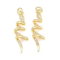 Real 18K Gold Plated Brass Micro Pave Clear Cubic Zirconia Pendants, Snake Charms, Rack Plating, Long-Lasting Plated, Lead Free & Cadmium Free, Real 18K Gold Plated, 28.5x9x6mm, Hole: 3mm