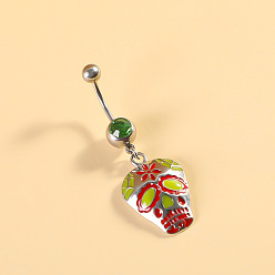 Skull 316l хирургическая нержавеющая сталь с эмалью из кубического циркония, изогнутая штанга, подвеска для живота, цвет нержавеющей стали, череп, длина стержня: 3/8"(10мм), штифты : 1.6 мм