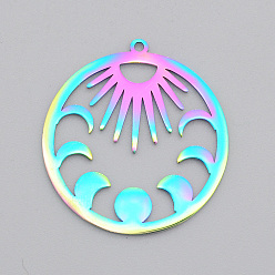 Rainbow Color Ионное покрытие (ip) 201 подвески из нержавеющей стали, лазерная резка, подвески с фазами луны, Радуга цветов, 30x28x1 мм, отверстие : 1.4 мм