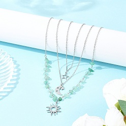 Зеленый Авантюрин 201 подвеска из нержавеющей стали в виде солнца, луны и звезд, натуральный зеленый авантюрин и 304 цепочка из нержавеющей стали 3 многослойные ожерелья для женщин, цвет нержавеющей стали, 14.80~18.19 дюйм (37.6~46.2 см), 3 шт / комплект