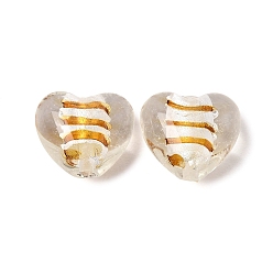 Sandy Brown Transparent Handmade Silver Foil Glass Lampwork Beads, Heart with Stripe, Sandy Brown, 14.5x16x9.5~10.5mm, Hole: 1.2~1.8mm
