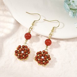 Red Natural Red Jasper & Carnelian and Shell Pearl Braided Dangle Earrings, Flower, 304 Stainless Steel Dangle Earrings, Golden, Red, 58x18mm