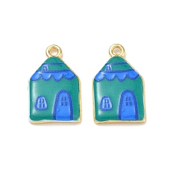 Green Printed Brass Pendants, House Charms, Rack Plating, Long-Lasting Plated, Lead Free & Cadmium Free, Real 18K Gold Plated, Green, 25x15.5x3.5mm, Hole: 2.5mm