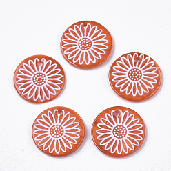 Orange Red Spray Paint Freshwater Shell Pendants, Printed, Flat Round with Daisy Flower, Orange Red, 19.5~20.5x2~3mm, Hole: 1.4~1.8mm