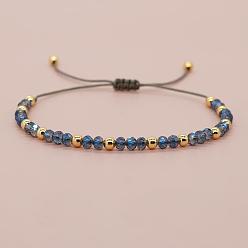 Стально-синий Браслеты из плетеных бусин из круглых стеклянных и латунных бусин, регулируемые плетеные браслеты из волоконного шнура для женщин, золотые, стальной синий