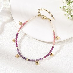 Purple Natural Ruby & Rhodonite & Amethyst Faceted Round and Pearl Beaded Anklets, 304 Stainless Steel Heart Tassel Anklets for Women, Golden, Purple, 9-1/4 inch(234mm), Heart: 8.5x6.5x3mm