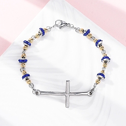 Капри Синий 201 из нержавеющей стали ссылку цепи браслеты, с 304 застежками из нержавеющей стали и стразами, крестик, ионное покрытие (ИП) 304, Капри синий, 8-1/2~8-3/4 дюйм (21.7~23.3 см)