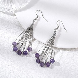 Нержавеющая Сталь Цвет Серьги-подвески из натурального аметиста в форме капли, с 304 концами из нержавеющей стали, цепочками и крючками для сережек, цвет нержавеющей стали, цвет нержавеющей стали, 68x28.5 мм