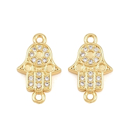 Plaqué 18K Or Véritable Breloques de connecteur en laiton micro pavé de zircone cubique transparente, liens main hamsa, crémaillère plaquage, plaqué longue durée, sans cadmium et sans plomb, réel 18 k plaqué or, 17x10.5x2mm, Trou: 1.4mm