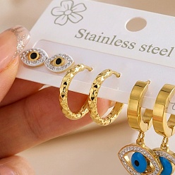 Синий 3 Комплекты сережек-колец и сережек-гвоздиков из нержавеющей стали с эмалью, символизирующие сглаз 304, со стразами, золотые, синие, 5~25x2~14 мм