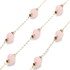 Розовый Круглые цепочки ручной работы из окрашенного натурального малайзийского нефрита с бусинами, с ионным покрытием (ip) 304 цепи из скрепок из нержавеющей стали, несварные, реальный 18 k позолоченный, туманная роза, 2.2x1x0.5 мм