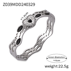 Сердце 304 браслеты из нержавеющей стали с паве из кубического циркония, шарнирные браслеты для женщин, платина, сердце, внутренний диаметр: 2-3/8 дюйм (6 см)