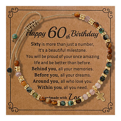 Смешанные камни Браслеты с подвесками в виде латунных крестиков на день рождения, Регулируемые браслеты из натуральных круглых бусин с драгоценными камнями для мужчин, золотые, с открытки, 11.02 дюйм (28 см)