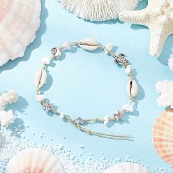 Магнезит Браслеты на ногу с бусинами из синтетического магнезита и натуральной ракушки каури в виде морской звезды и черепахи, античное серебро, 9-1/4~9-1/2 дюйм (235~240 мм)