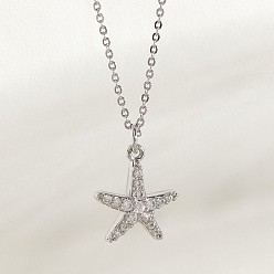 Морская звезда Ожерелья с подвесками Ocean Summer из латуни с прозрачными кубическими цирконами и паве, платина, морская звезда, 17.72 дюйм (45 см), Кулон : 15 мм
