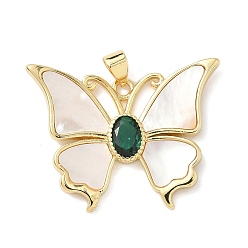 Морская Ракушка Подвески из латуни из натуральных ракушек, подвески-бабочки с темно-зеленым стеклом, реальный 18 k позолоченный, без свинца и без кадмия, долговечный, стойки покрытие, цвет морской раковины, 25x32.5x3.5 мм, отверстие : 4x3.5 мм