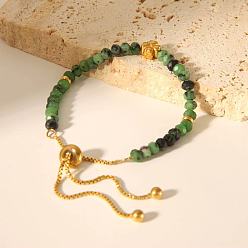 Рубин В Цоизита Регулируемые браслеты-слайдеры с натуральным круглым рубином в бусинах цоизита, 304 женские браслеты-цепочки из нержавеющей стали, реальный 18 k позолоченный, 6-3/4 дюйм (17 см)