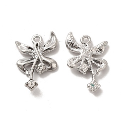 Platinum Clear Glass Bowknot Pendants, with Alloy Finding, Long-Lasting Plated, Cadmium Free & Lead Free, Platinum, 22.5x15x3mm, Hole: 1.5mm