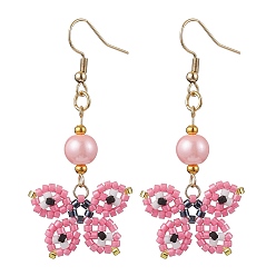 Pink Болтающие серьги из стекла, с 304 швензами из нержавеющей стали, бабочка, розовые, 57.5x25.5 мм