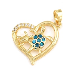 Turtle Latón micro pavimenta claro colgantes de circonio cúbico, dijes de corazón con esmalte azul, dorado, tortuga, 17x20x3 mm, agujero: 5x2 mm
