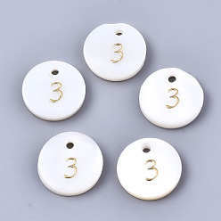 Number Подвески из натуральных пресноводных ракушек, плоский круглый с золотым блокирующим номером, кол. 3, 11x2 мм, отверстие : 1.5 мм