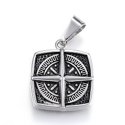 Antique Silver 304 Stainless Steel Pendants, Square, Antique Silver, 25x21x4mm, Hole: 5x9mm