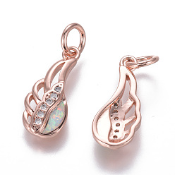 Белый Латуни циркония кубической подвески, с синтетическим опалом, крыло, розовое золото , белые, 18.5x8x2.5 мм, отверстие : 4 мм