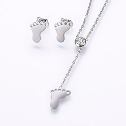 Couleur Acier Inoxydable 304 définit bijoux en acier inoxydable, Boucles d'oreilles et pendentifs, avec strass, Pieds, couleur inox, 16.54 pouce (42 cm), 13x11x1mm, pin: 0.8 mm