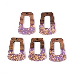 Средний Фиолетовый Подвески из непрозрачной смолы и орехового дерева, трапециевидные подвески, с блестящей пудрой и золотой фольгой, средне фиолетовый, 38x27x3 мм, отверстие : 2 мм