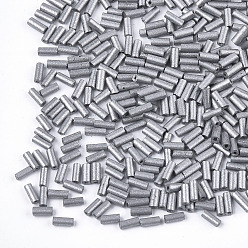 Silver Electroplate Glass Bugle Beads, Round Hole, Metallic Colours, Silver, 3~5x1.5~2mm, Hole: 0.8mm, about 15000pcs/bag