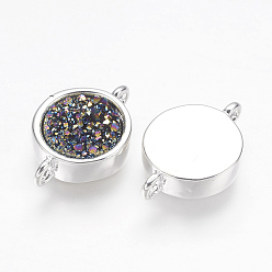 Фиолетовый Соединители звеньев натурального агата друзы, с 925 покрытием из латуни из стерлингового серебра, плоско-круглые, окрашенные, фиолетовые, 10x15.5x3~3.5 мм, отверстие : 1 мм