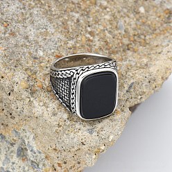 (946F)Морозный цвет внутри  Жонкиль / Непрозрачная зеленая подкладка 304 Кольца из нержавеющей стали с натуральным черным агатом, античное серебро, прямоугольные, размер США 11 (20.6 мм)