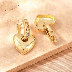 Настоящее золото 18K Серьги-кольца из латуни с микропаве и прозрачными кубическими циркониями., сердце, без свинца и без кадмия, долговечный, стойки покрытие, реальный 18 k позолоченный, 26x16.5 мм