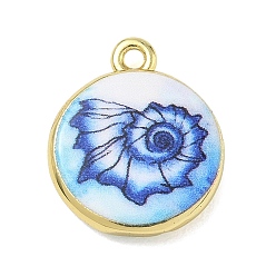 Royal Blue Printed Brass Pendants, Flat Round with Conch Shell Shape Charms, Golden, Royal Blue, 17.5x15x3.5mm, Hole: 1.6mm