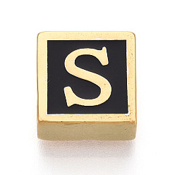 Letter S 304 Квадратные распорные планки из нержавеющей стали с черным эмалевым покрытием, 2-луночное, ионное покрытие (ip), реальный 18 k позолоченный, Письмо с, 12x12x6 мм, отверстие : 4.5 мм