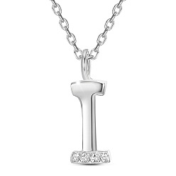 Letter I Rhodium Plated 925 Sterling Silver Initial Pendant Necklaces, with Grade AAA Cubic Zirconia and Cable Chains, Platinum, Letter.I, 15.74 inch(40cm)