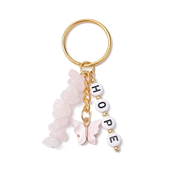 Golden Alloy Enamel Acrylic with Natural Rose Quartz Keychain, Butterfly, Word HOPE, Golden, 7.2cm