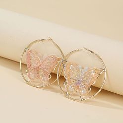 Сэнди Коричневый Серьги-кольца из сплава и вышитой ткани, кольцо с бабочкой, золотые, песчаный коричневый, 60x60 мм