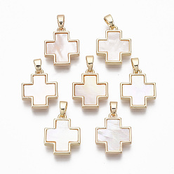 Морская Ракушка Латунь прелести, С пресноводной оболочкой, без никеля , реальный 18 k позолоченный, крестик, цвет морской раковины, 15x13x2.5 мм, отверстие : 2x4 мм