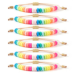 Разноцветный 6 Браслеты из плетеных бусин из полимерной глины для женщин, плоско-круглые, красочный, 11.02 дюйм (28 см)